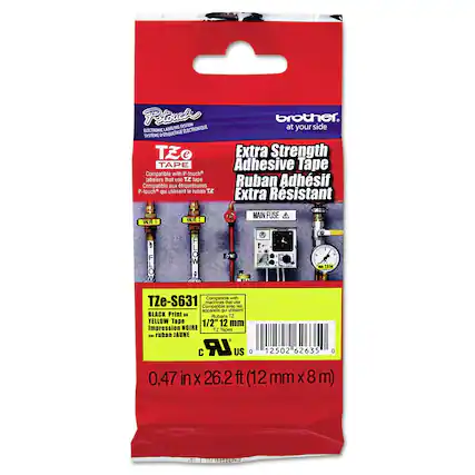 **Brother**
at your side
**Petouch**
ELECTRONIC LABELING SYSTEM
SYSTÈME DE TÉTIGE ÉLECTRONIQUE
**TZe**
TAPE
Compatible with P-touch® labelers that use TZ tape
Compatible avec les P-touch® qui utilisent le ruban TZ
**Extra Strength Adhesive Tape**
Ruban Adhésif Extra Résistant
**TZe-S631**
Compatible with P-touch® labelers that use TZ tape
Compatible avec les P-touch® qui utilisent le ruban TZ
**BLACK Print on YELLOW Tape**
Impression NOIRE sur ruban JAUNE
**0.47 in x 26.2 ft (12 mm x 8 m)**
**VALVE 1**
**VALVE 2**
**MAIN FUSE**
**FUSE PRINCIPAL**
**0 12502 62635 0**