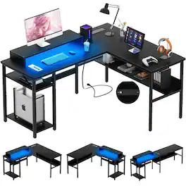 Aheaplus - Reversible L-Shaped Desk with RGB LED & Power Outlets, Gaming/Office Desk with Storage & Monitor Stand - Black