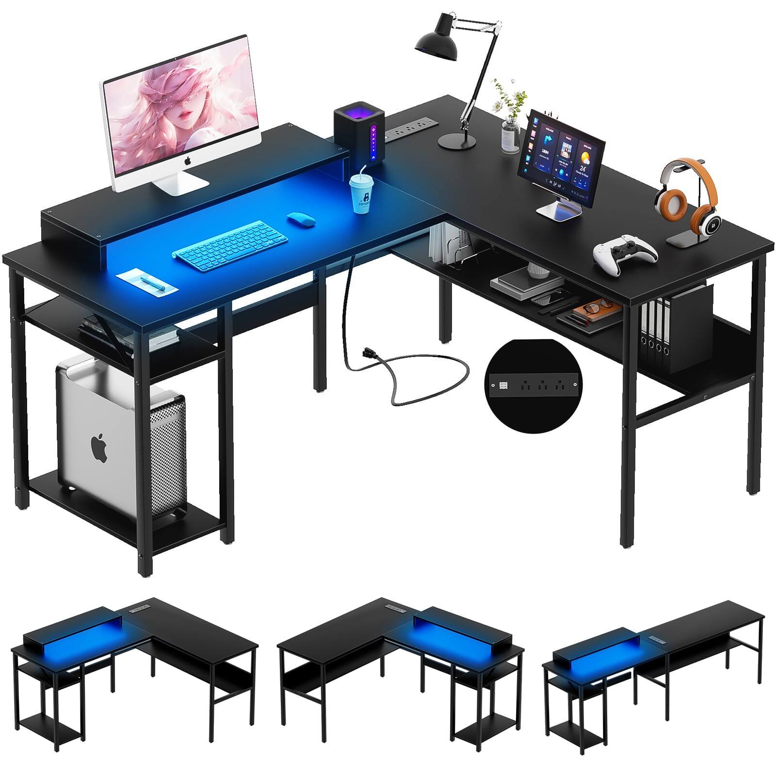 Aheaplus - Reversible L-Shaped Desk with RGB LED & Power Outlets, Gaming/Office Desk with Storage & Monitor Stand - Black