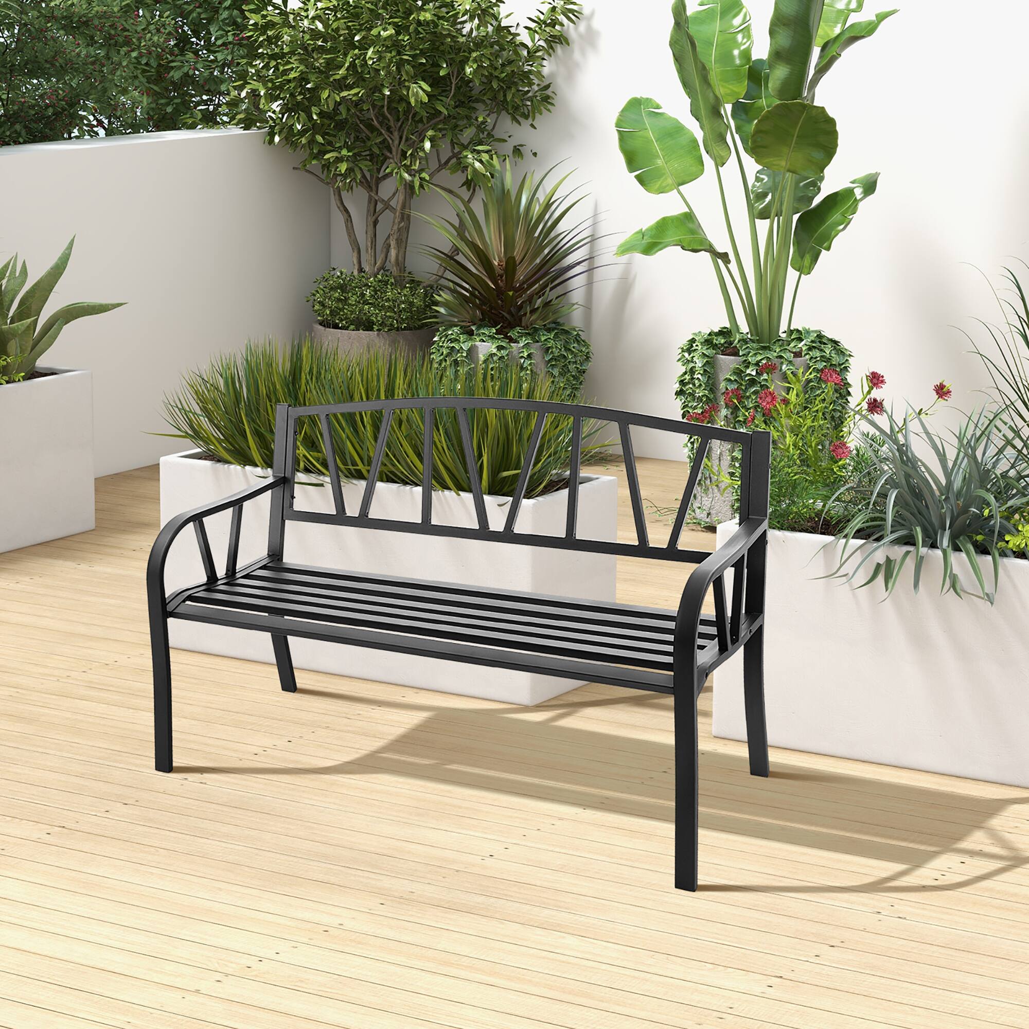 Alt View 3. Costway - Costway Outdoor Patio Garden Bench Metal Frame with Ergonomic Armrest 660 Lbs Max Load - Black.
