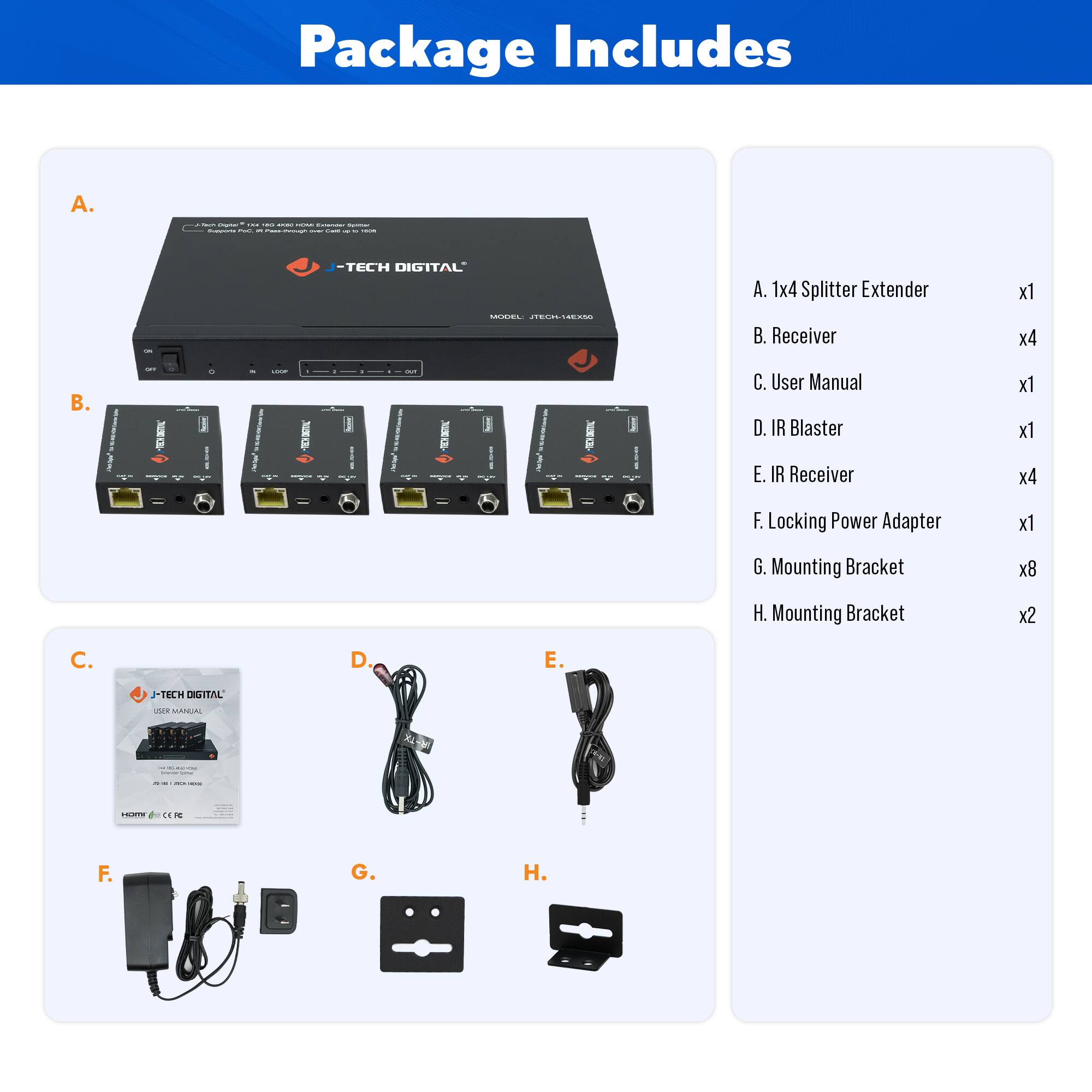 Package Includes

A. 1x4 Splitter Extender  
B. Receiver x4  
C. User Manual  
D. IR Blaster  
E. IR Receiver x4  
F. Locking Power Adapter x1  
G. Mounting Bracket x8  
H. Mounting Bracket x2  

A. 1x4 Splitter Extender  
B. Receiver  
C. User Manual  
D. IR Blaster  
E. IR Receiver  
F. Locking Power Adapter  
G. Mounting Bracket  
H. Mounting Bracket  

x1  
x4  
x1  
x1  
x4  
x1  
x8  
x2