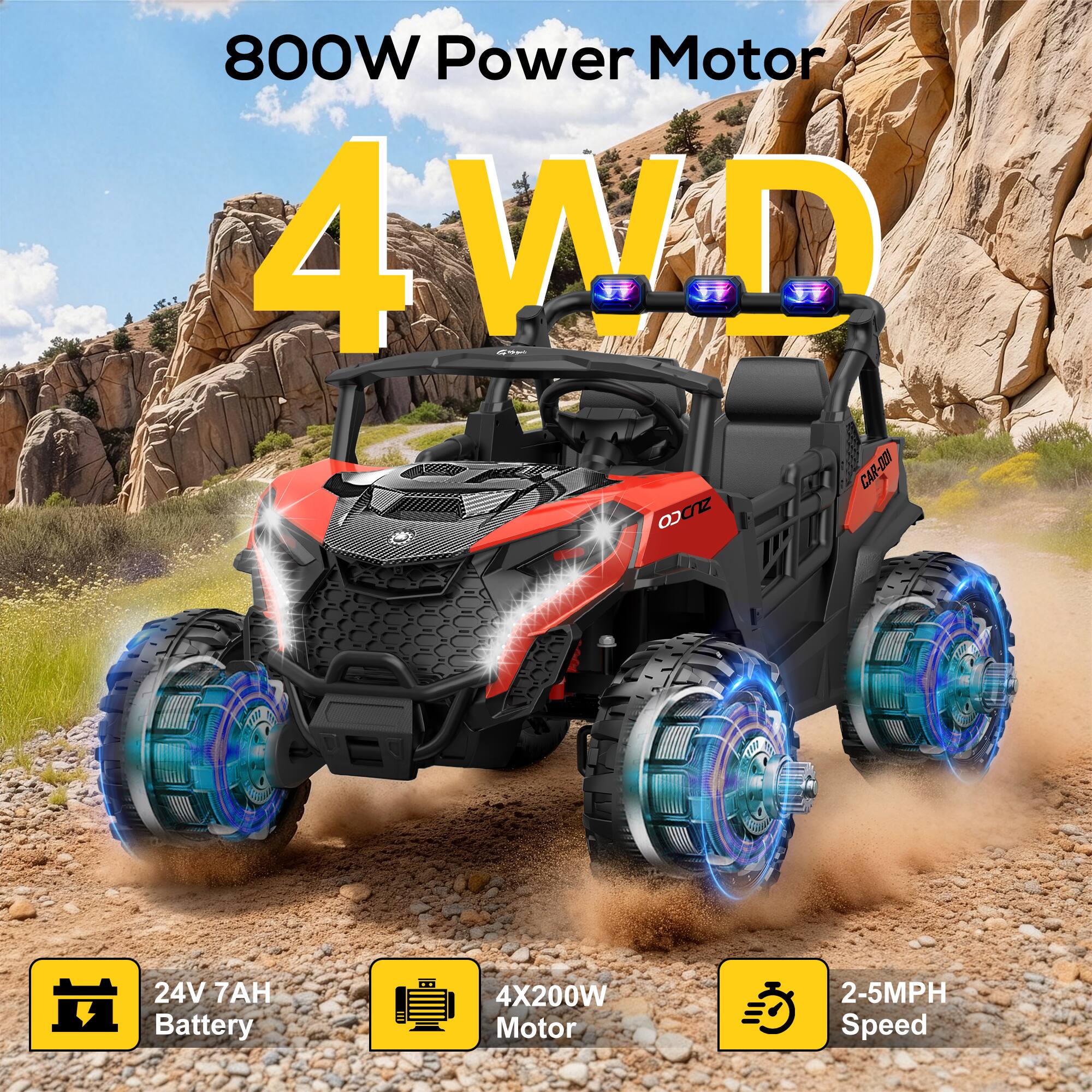 800W Power Motor  
4WD  
24V 7AH Battery  
4X200W Motor  
2-5MPH Speed