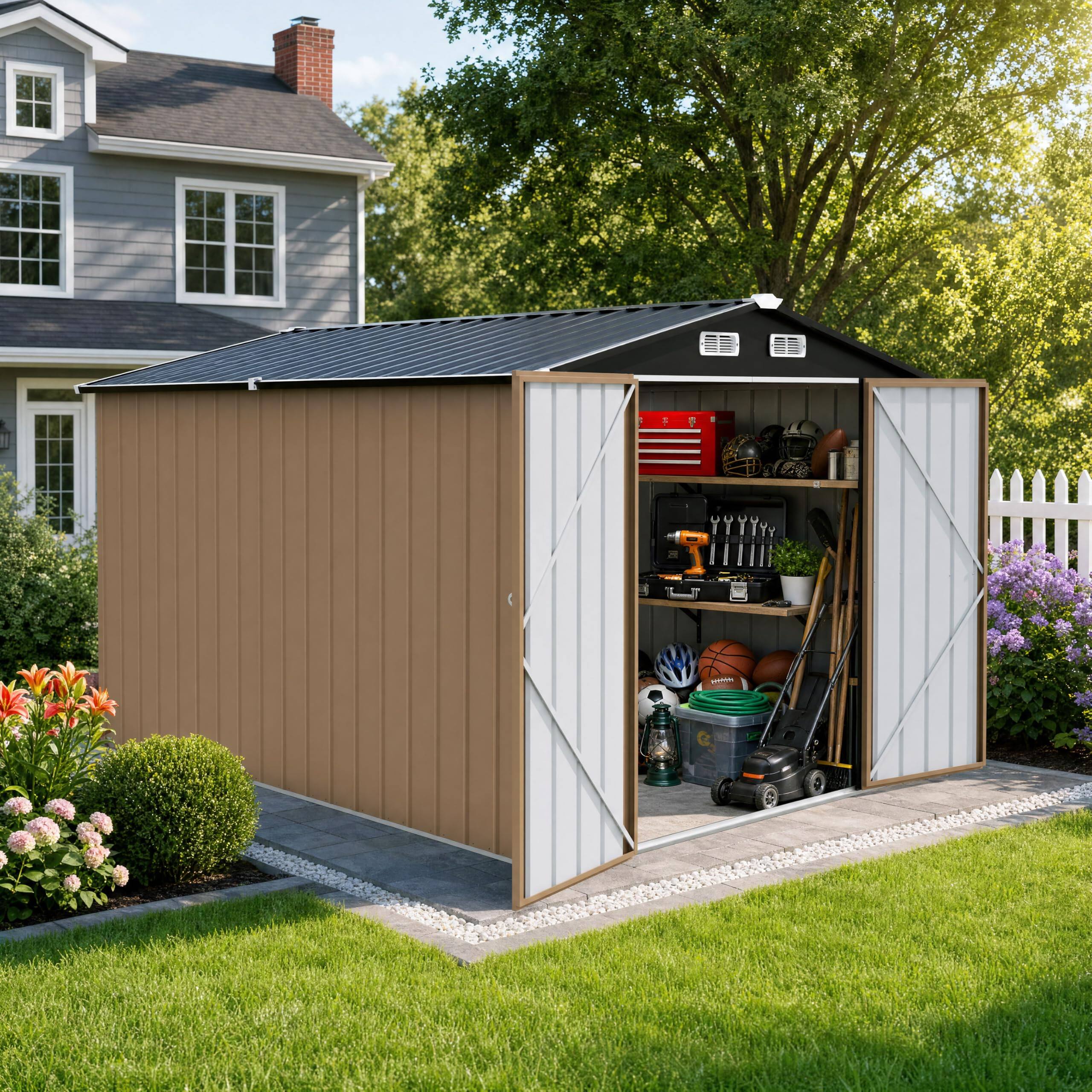 Alt View 1. LAUSAINT HOME - 8x10 FT Galvanized Steel Shed Double Lockable Doors Gable Roof and Vent for Backyard Patio Garden Brown - Brown.