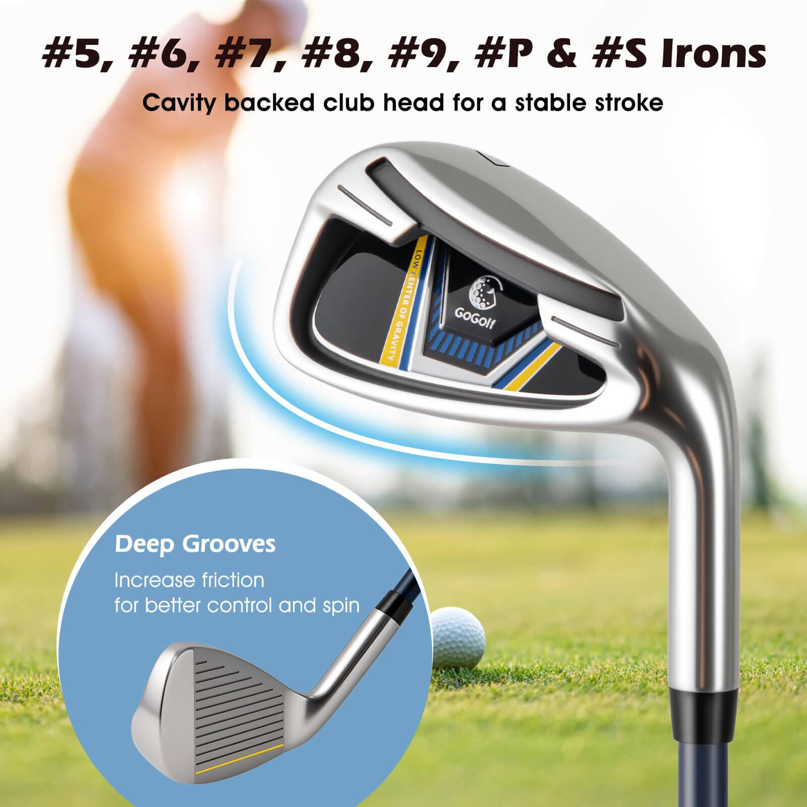 #5, #6, #7, #8, #9, #P & #S Irons  
Cavity backed club head for a stable stroke  

Deep Grooves  
Increase friction for better control and spin