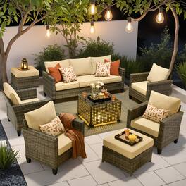 Ovios - 8 PCS Patio Furniture, 3 Seat Wicker Sofa with Armchairs, Ottomans and Coffee Table for Porch - Beige