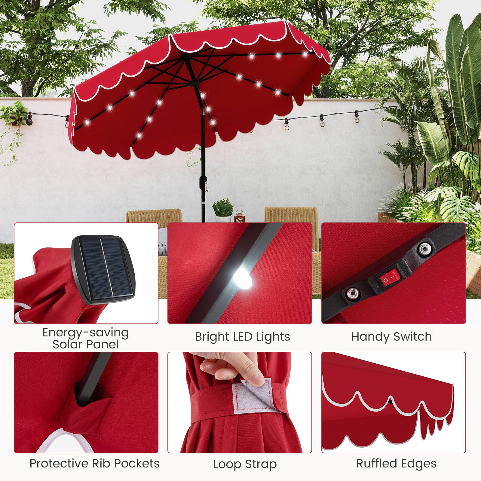 Energy-saving Solar Panel, Bright LED Lights, Handy Switch, Protective Rib Pockets, Loop Strap, Ruffled Edges