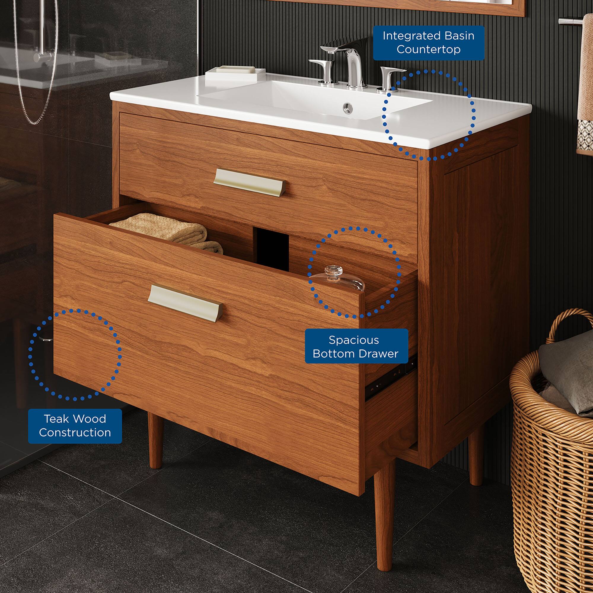 Integrated Basin Countertop  
Spacious Bottom Drawer  
Teak Wood Construction