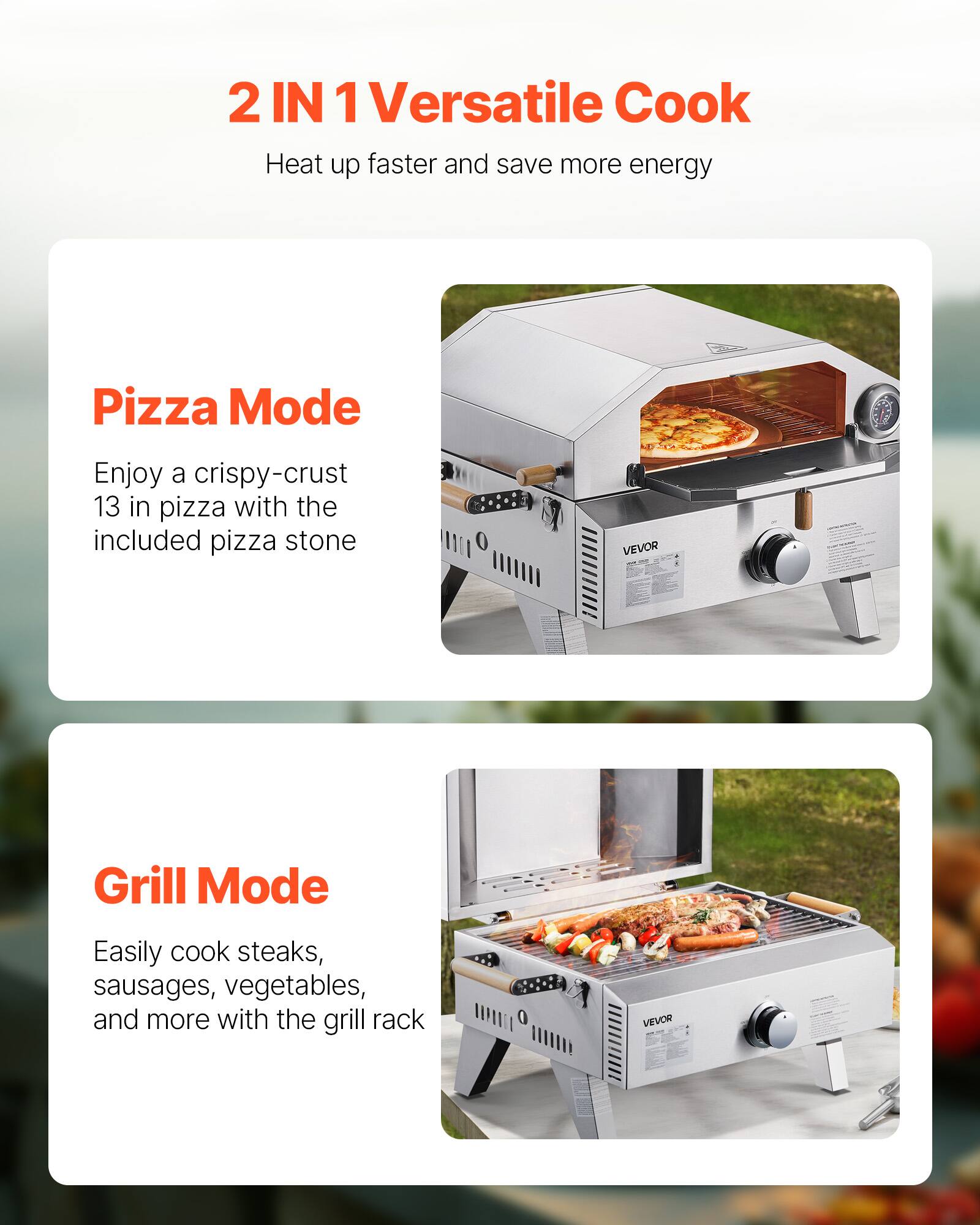 2 IN 1 Versatile Cook  
Heat up faster and save more energy  

Pizza Mode  
Enjoy a crispy-crust 13 in pizza with the included pizza stone  

Grill Mode  
Easily cook steaks, sausages, vegetables, and more with the grill rack