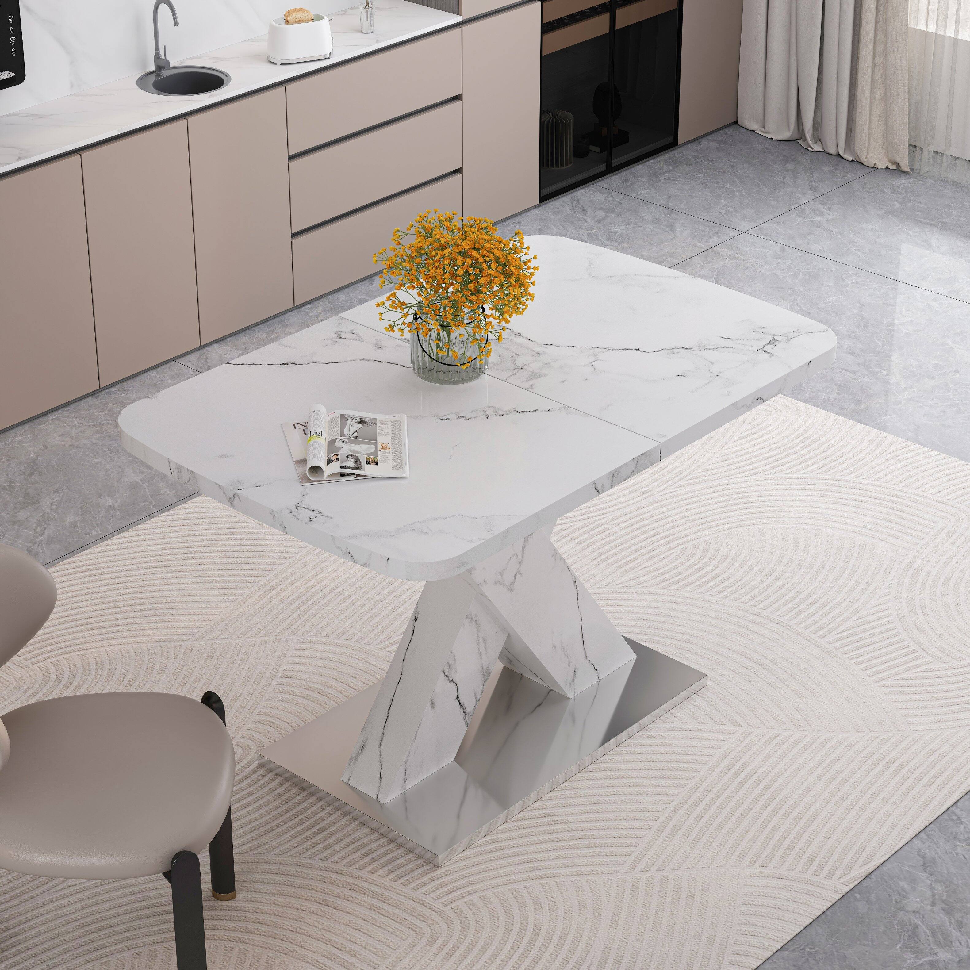 Left. Tiramisubest - Modern Square Dining Table, Stretchable, Printed White Marble Table Top + MDF X-Shape Table Leg with Metal Base - White.