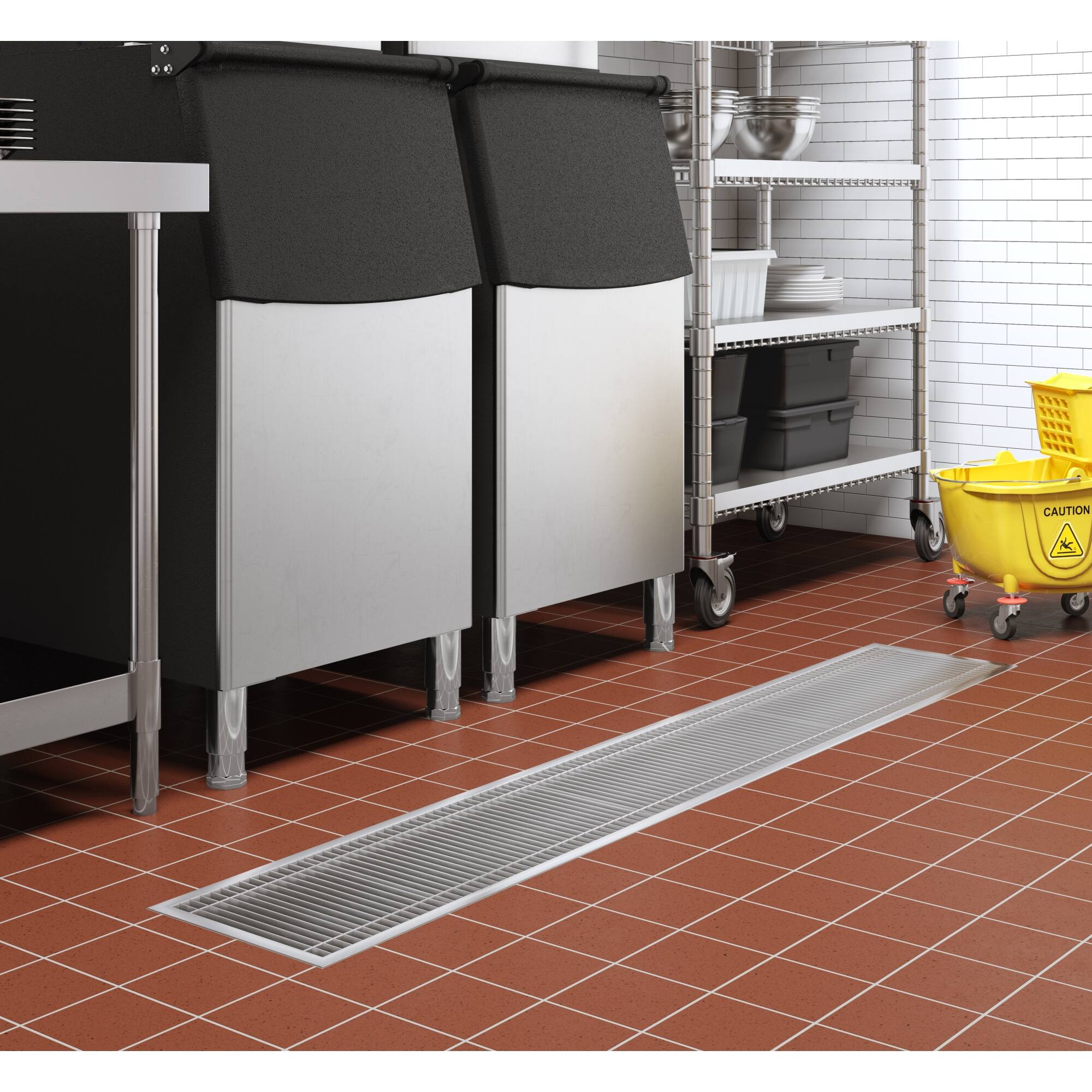 Left. Koolmore - 12" x 84" Stainless Steel Floor Trough Drain, 14-Gauge with Subway-Style Grating & Removable Drain Basket, NSF Listed - Stainless-Steel.