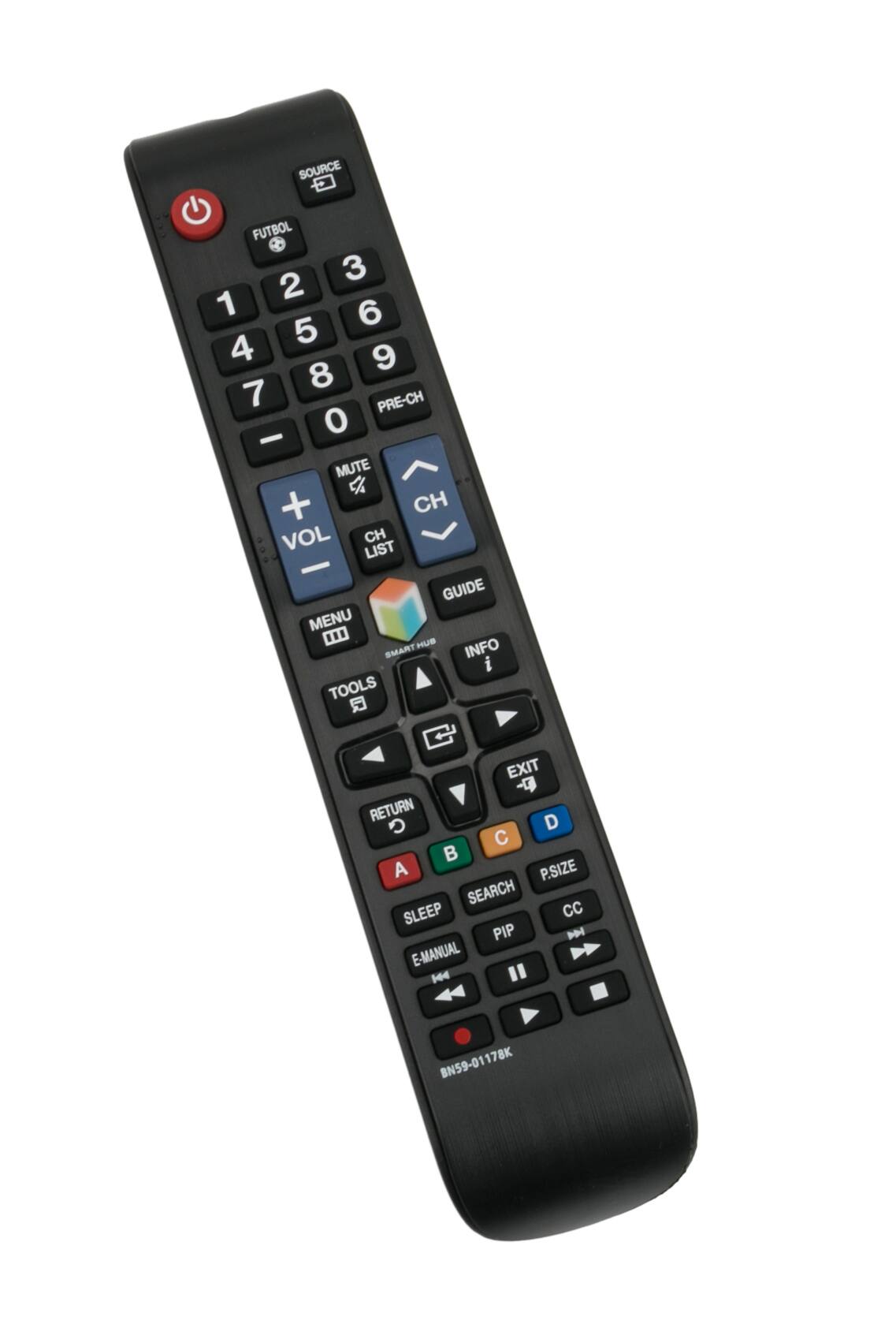 SOURCE  
FUTBOL  
1 2 3 4 5 6 7 8 9 0  
PRE-CH  
MUTE  
VOL  
CH  
GUIDE  
MENU  
TOOLS  
EXIT  
RETURN  
SEARCH  
SLEEP  
E-MANUAL  
PIP  
CC  
P.SIZE  
HUB  
SMART INFO  
i  
BN59-01178K