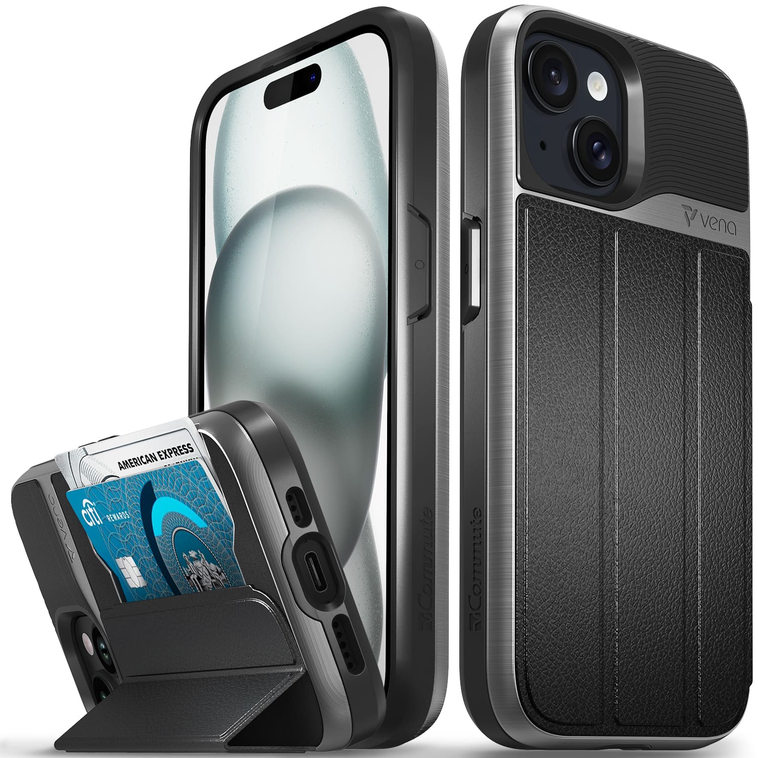 Vena - vCommute Wallet Case for Apple iPhone 15 - Flip Leather Cover Card Slot Holder with Kickstand - Space Gray - Multicolored