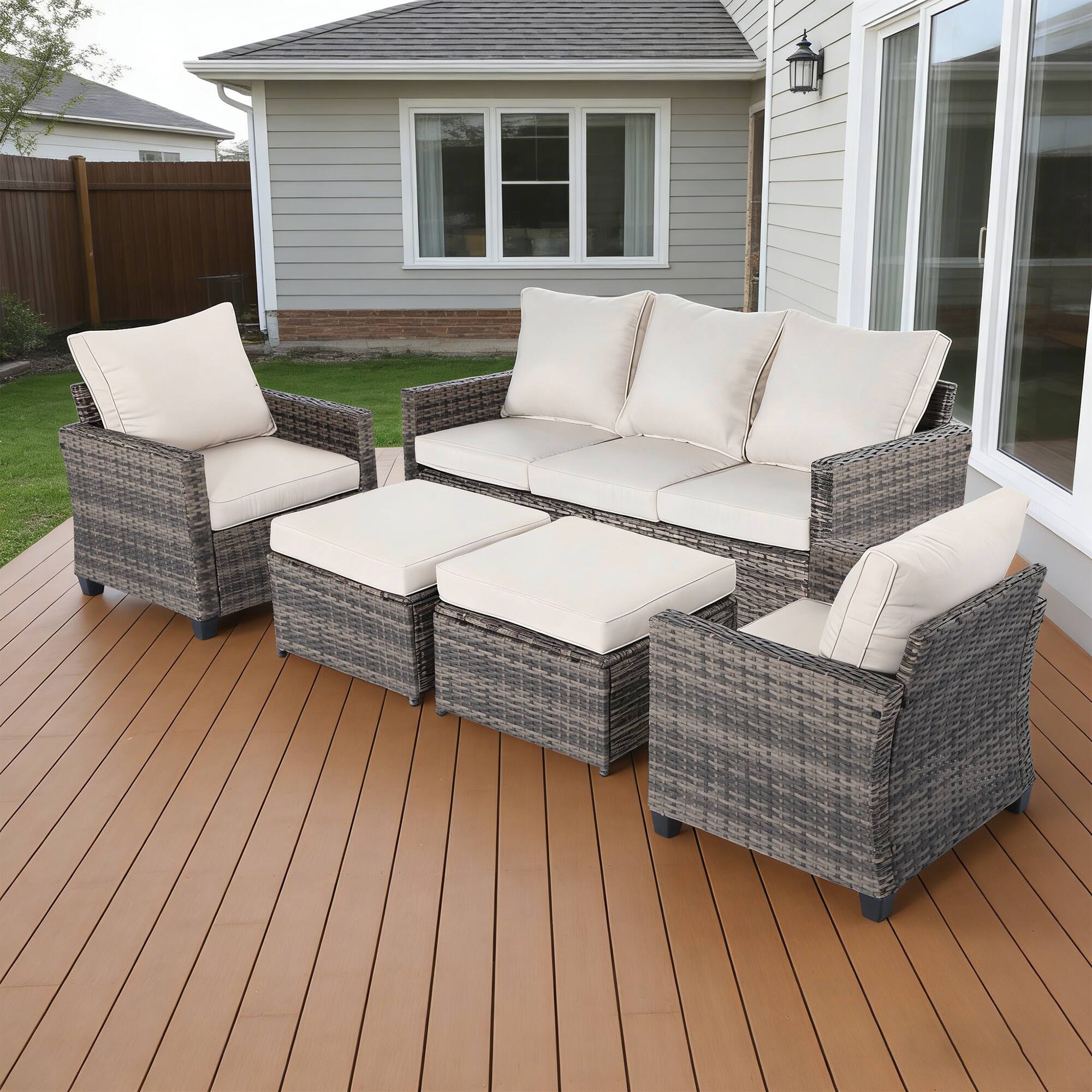 Alt View 4. Yardgrace - 5-Piece Outdoor Wicker Patio Conversation Set, Includes 2 Ottomans and Cushions - Beige.