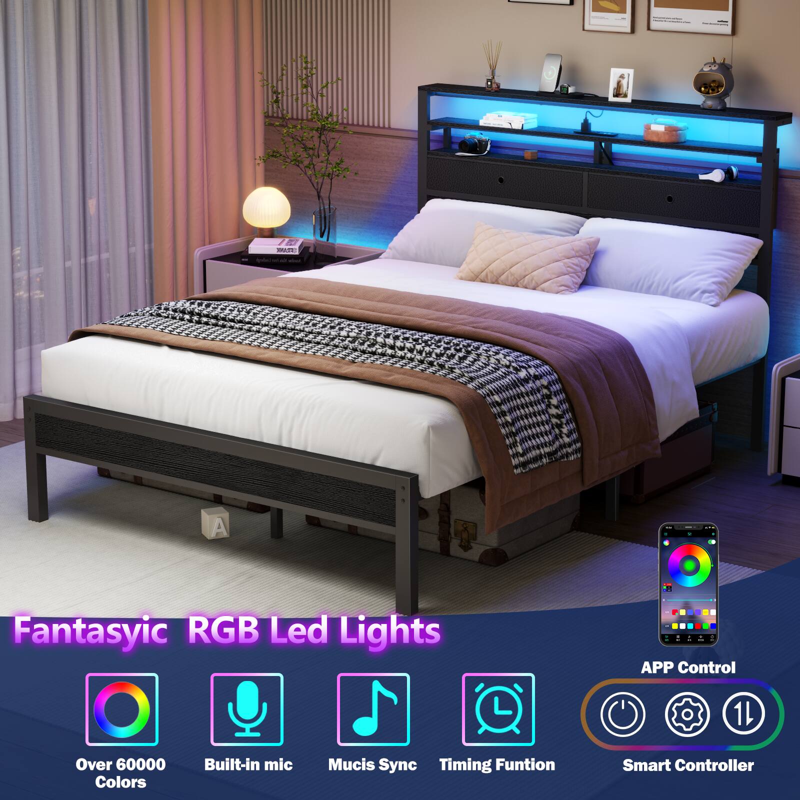 Fantasyic RGB Led Lights  
APP Control  
Over 60000 Colors  
Built-in mic  
Music Sync  
Timing Function  
Smart Controller