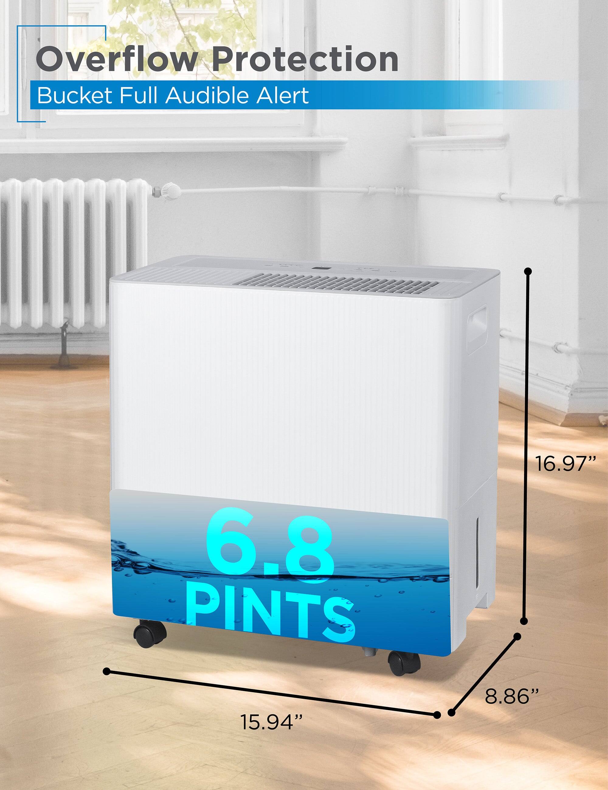 Overflow Protection  
Bucket Full Audible Alert  

6.8 PINTS  

15.94" x 16.97" x 8.86"