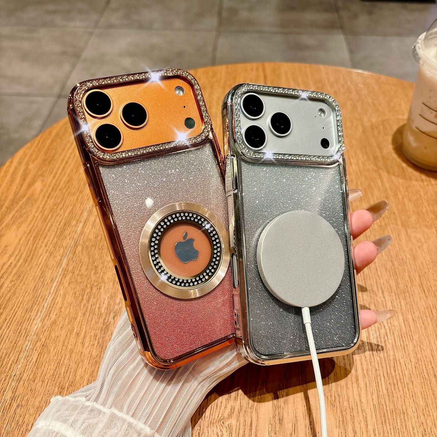 Angle. Dteck - Glitter Gradient Phone Case for Apple iPhone 17 Pro with Diamond Camera Bezel, Magnetic Slim Shockproof Protective Cover - Orange.