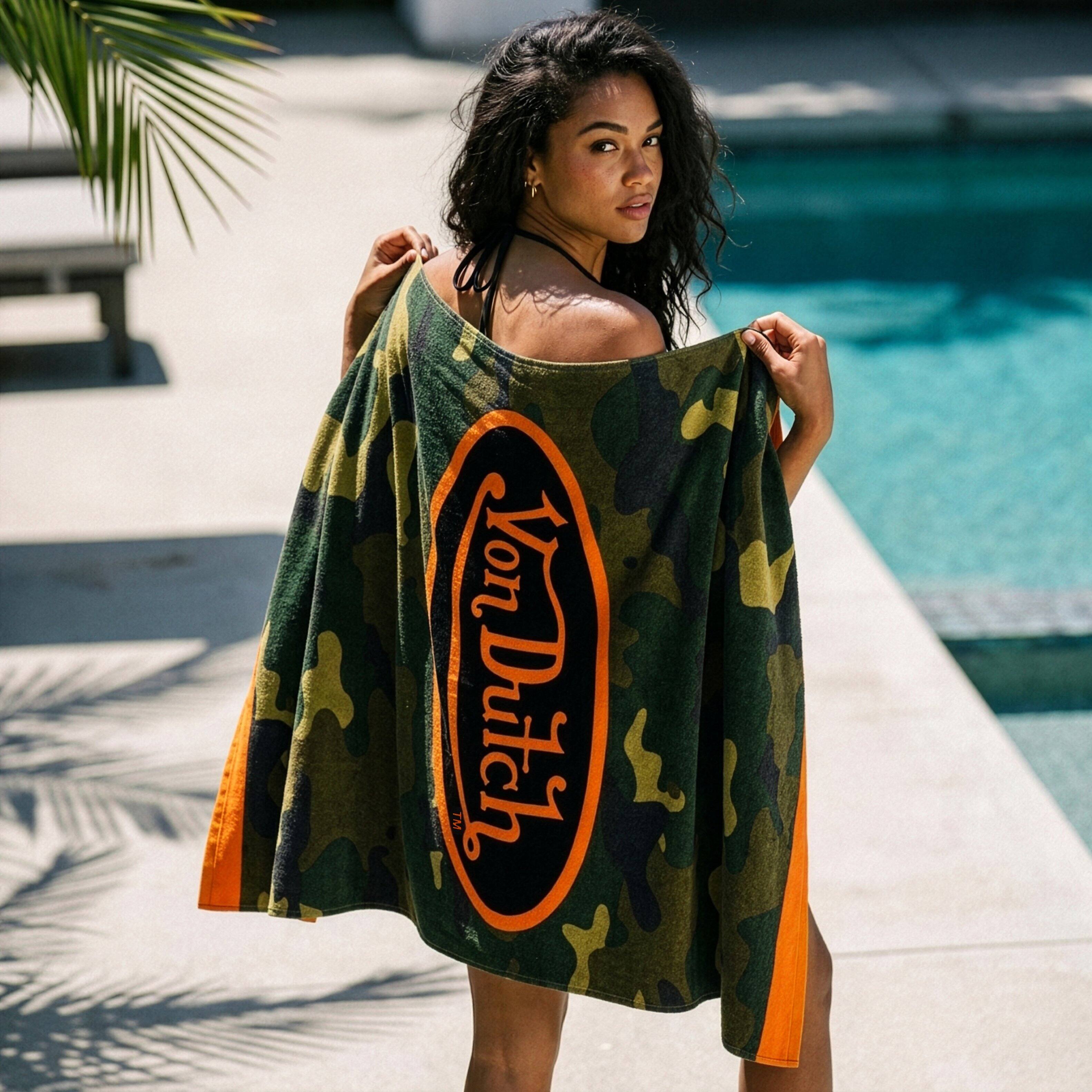 Angle. Von Dutch - Von Dutch Iconic Y2K 100% Cotton 30"x60" Beach Towel | Camo - Camo.