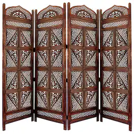 Manhattan Lane - Traditional Four Panel Wooden Room Divider with Hand Carved Details - Brown