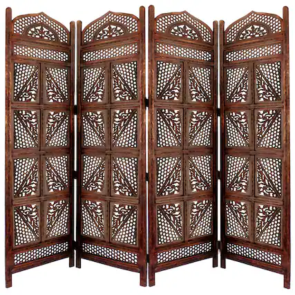 Front. Manhattan Lane - Traditional Four Panel Wooden Room Divider with Hand Carved Details - Brown.