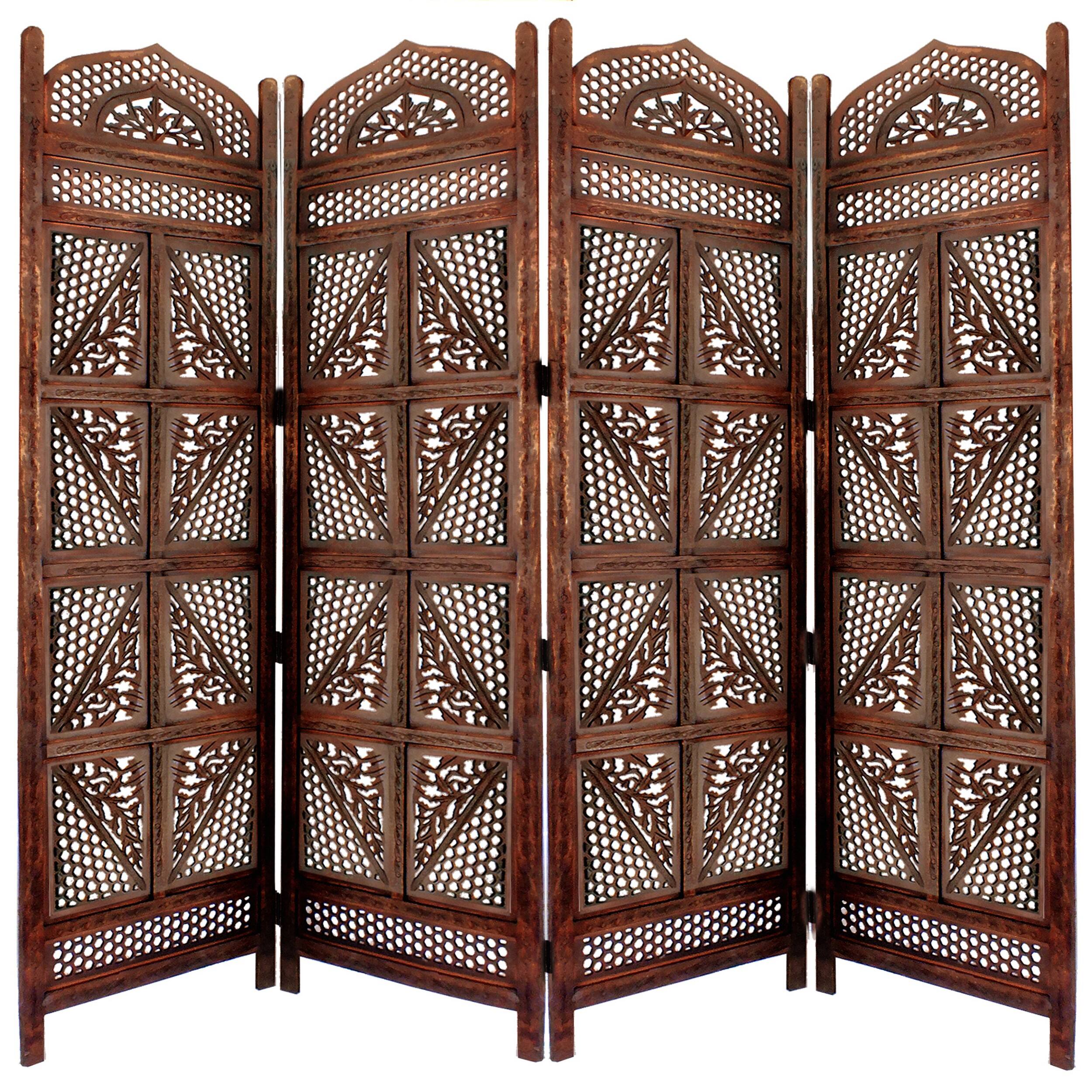 Front. Manhattan Lane - Traditional Four Panel Wooden Room Divider with Hand Carved Details - Brown.