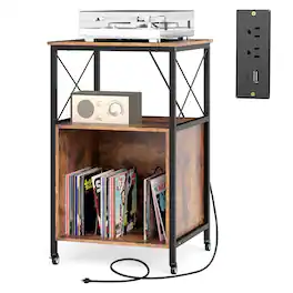 Costway - Mobile Record Player Stand with Power Outlet Open Shelf & Dividers Metal Frame - Brown