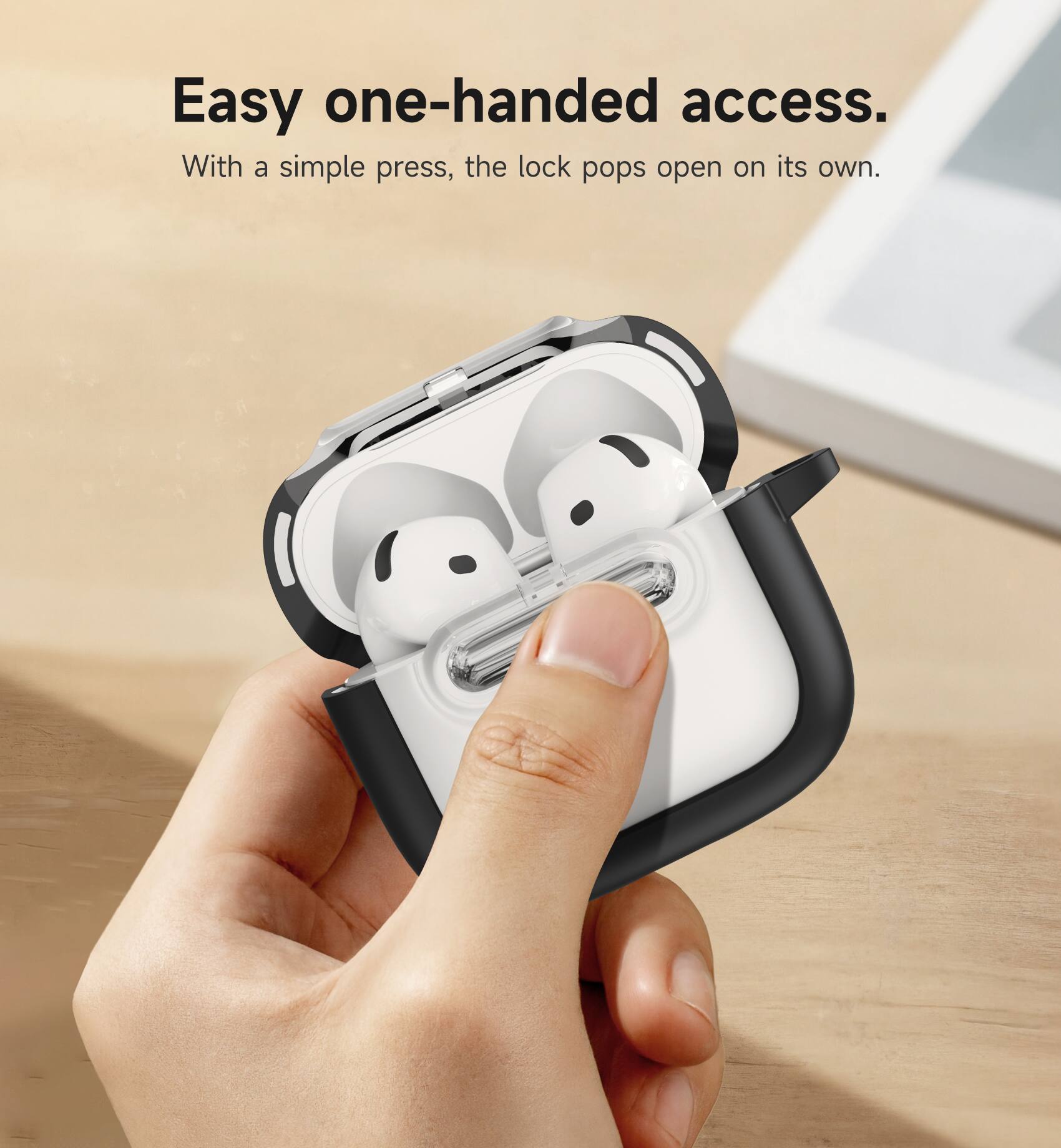 Easy one-handed access.  
With a simple press, the lock pops open on its own.