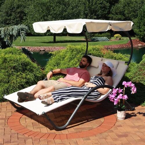 Alt View 1. SlickBlue - 2-Person Outdoor Patio Chaise Lounger with Canopy and Pillows – Garden, Deck, or Backyard Relaxation Bed - Off White.