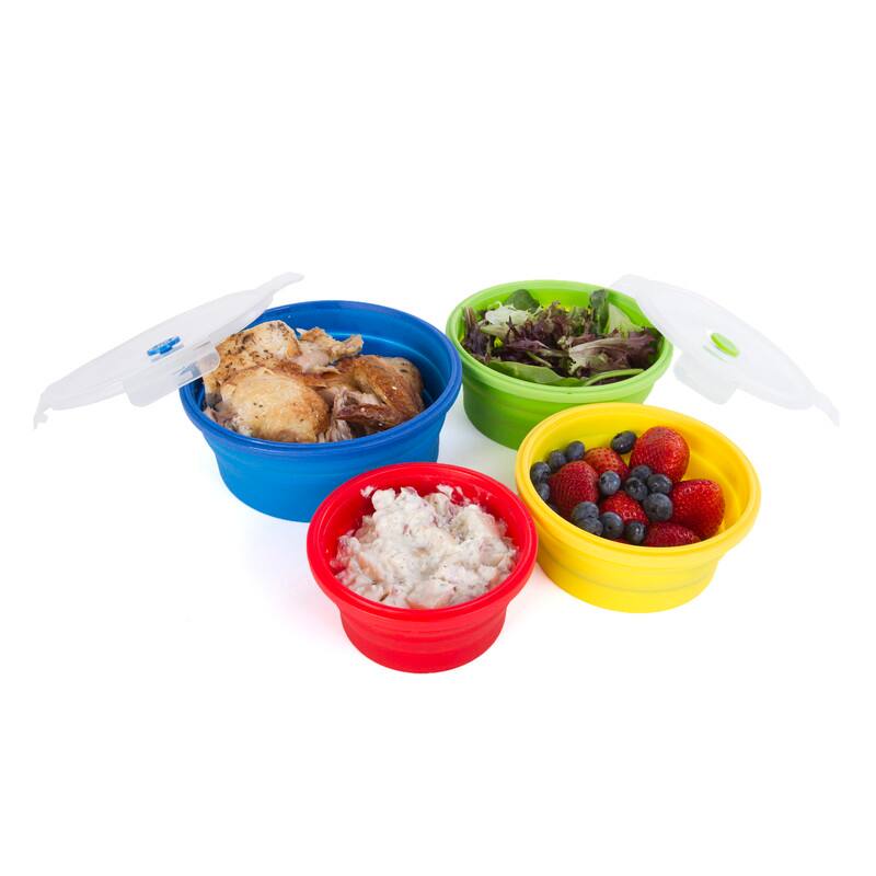 Angle. Kitchen + Home - Thin Bins Collapsible Containers - Set of 4 Round Silicone Food Storage Containers - red, yellow, green, blue.