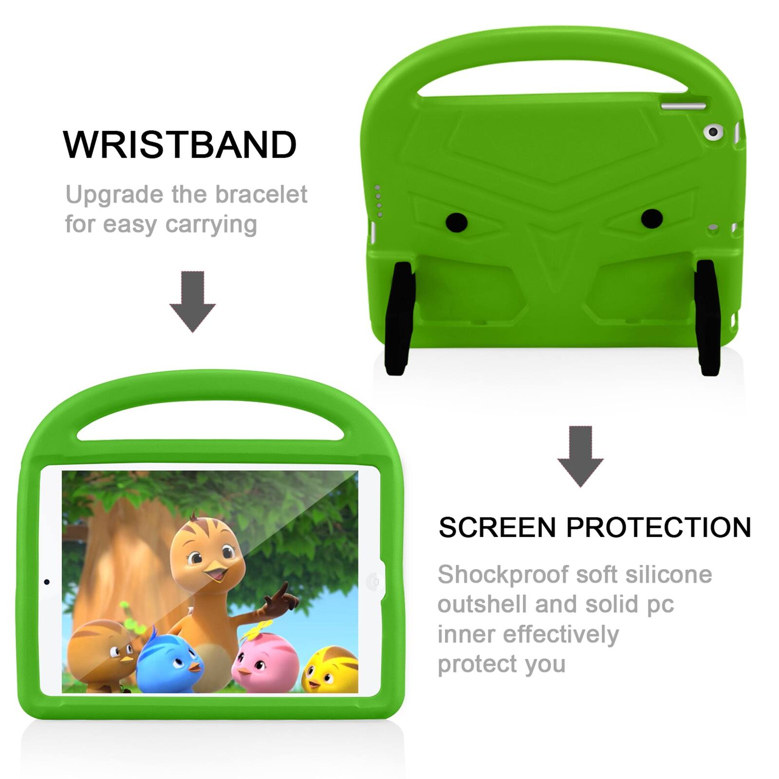 WRISTBAND  
Upgrade the bracelet for easy carrying

SCREEN PROTECTION  
Shockproof soft silicone outshell and solid pc inner effectively protect you