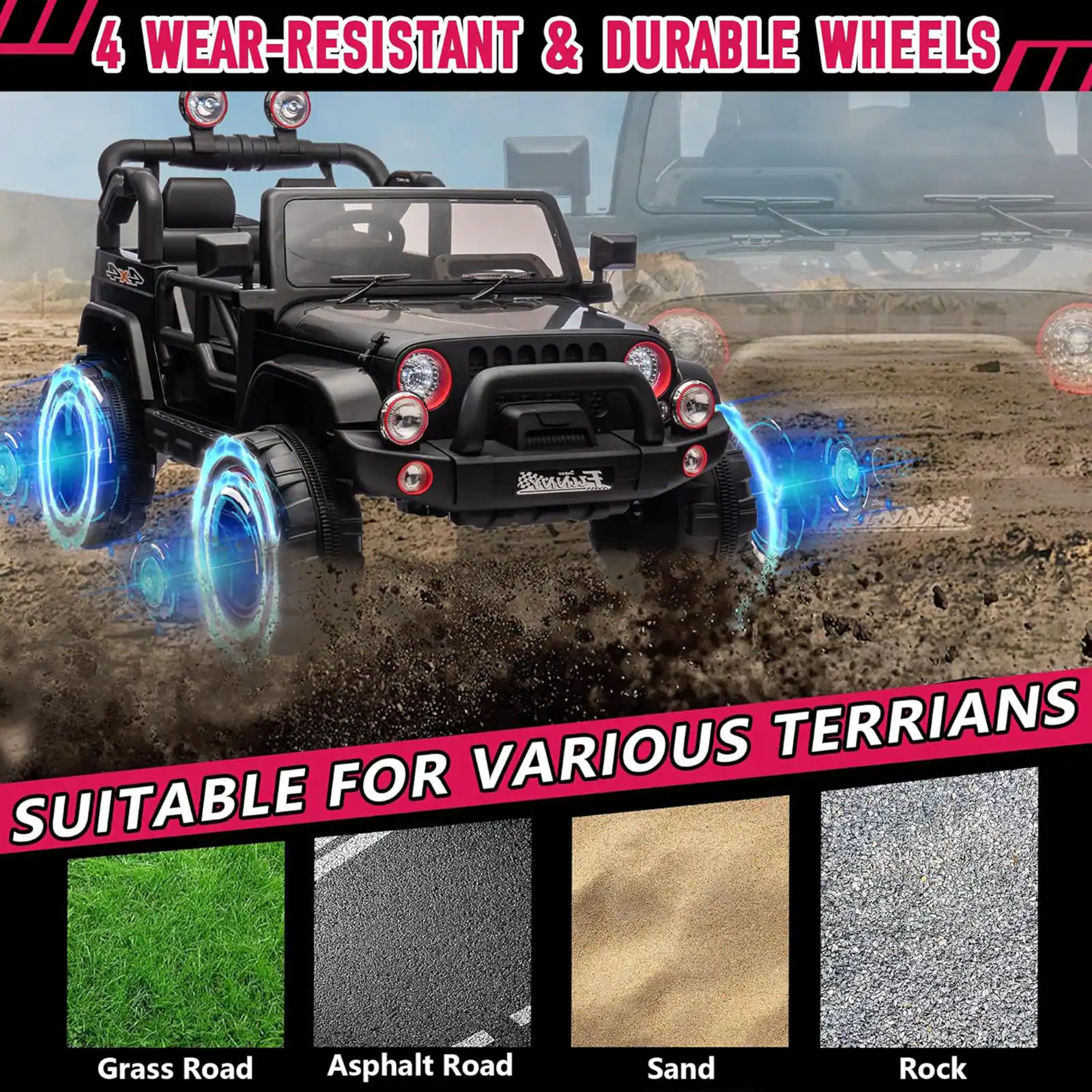 4 WEAR-RESISTANT & DURABLE WHEELS

SUITABLE FOR VARIOUS TERRIANS

Grass Road  
Asphalt Road  
Sand  
Rock