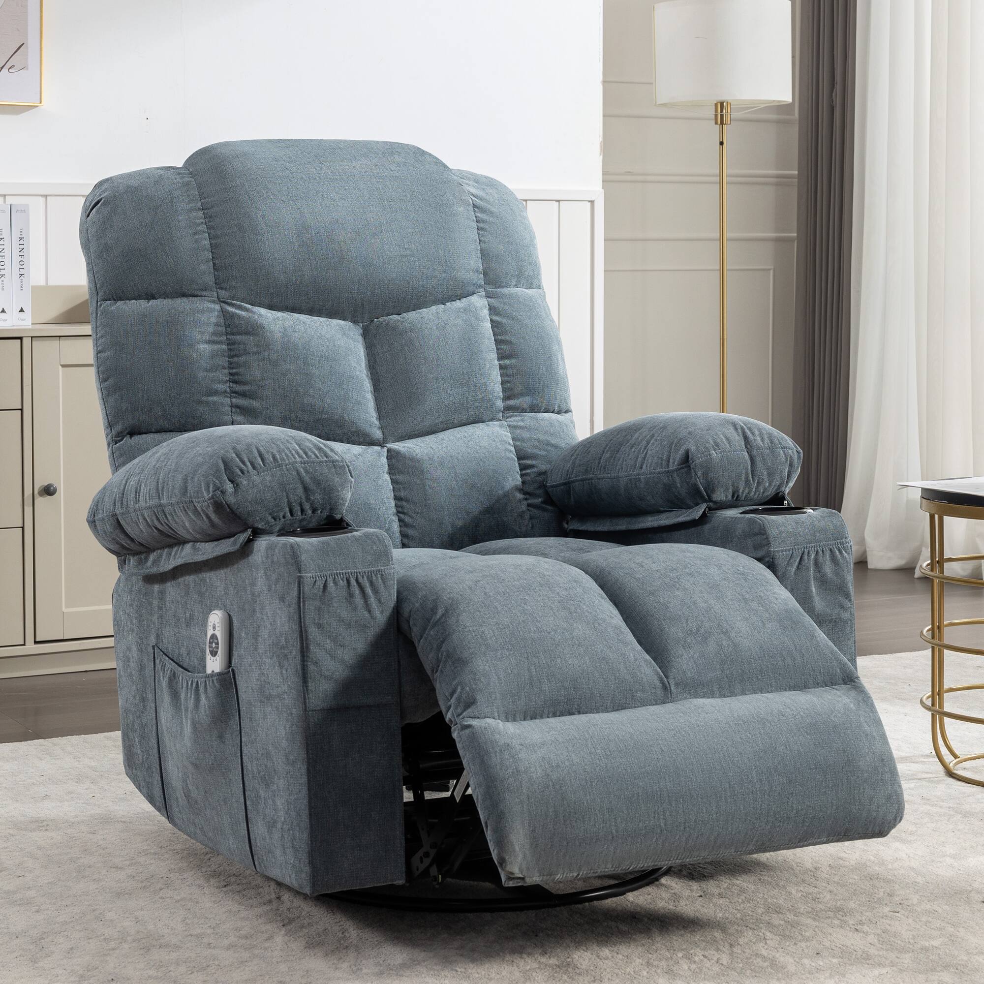 Back. APRILSOUL - Massage Rocker Recliner Chair Oversized with 2 Cup Holders USB Charge Port Soft Features a Manual Massage and Heat - Blue.