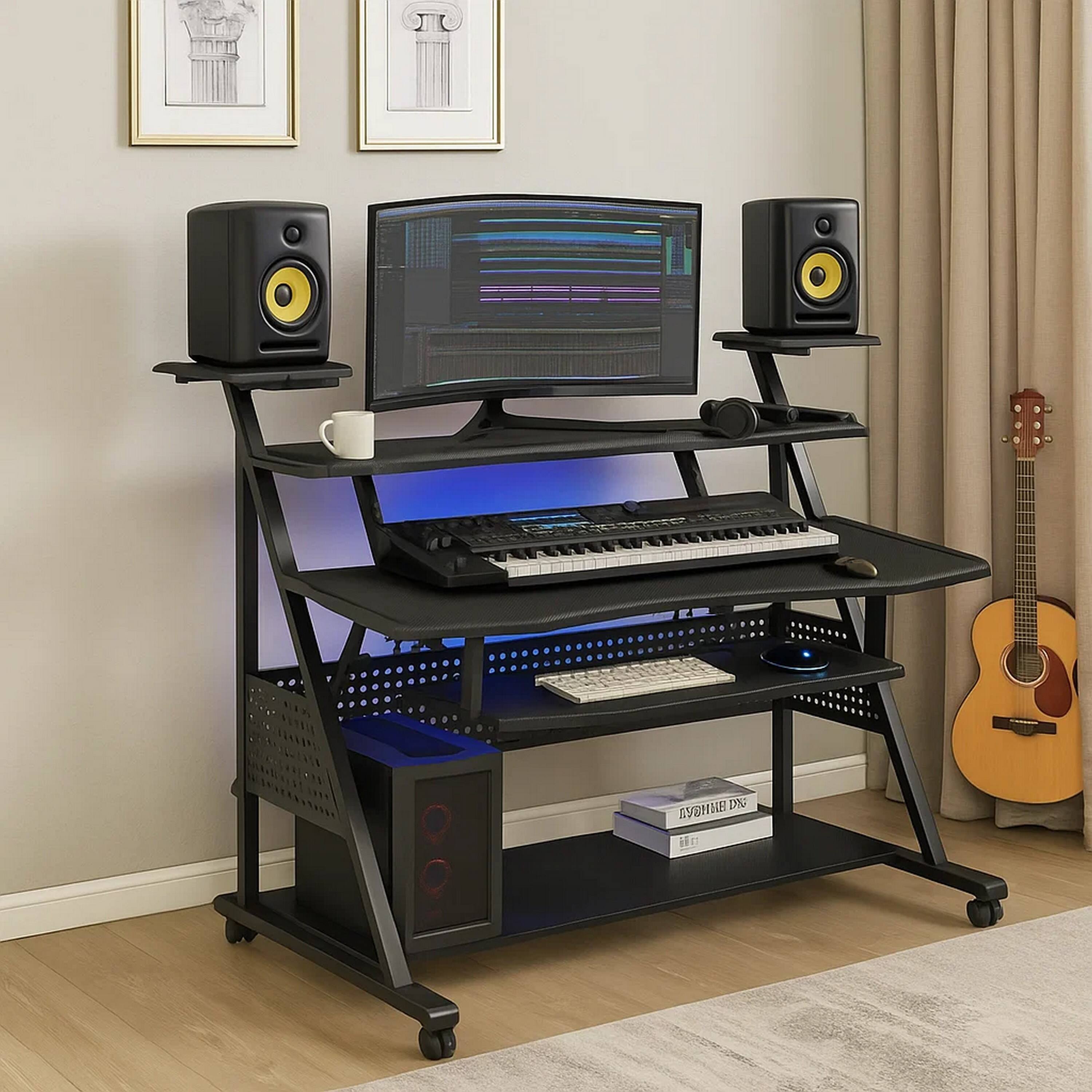 Alt View 2. Manhattan Lane - Gia 67 Inch Music Desk Studio Workstation, Keyboard Tray, Shelves, Black - Black.