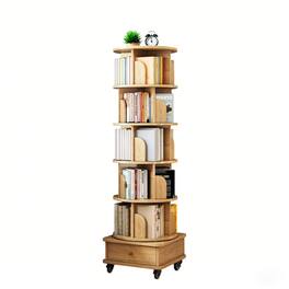 Ecooso - 6 Tier Rotating Bookshelf, 360° Display Round Spinning Bookshelf with Wheels and Drawer, Space-Saving , Color - Wood