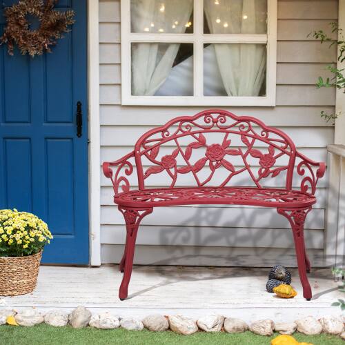 Alt View 9. Winado - 38.5in Patio Metal Rose Bench, 2-Person Cast Iron Aluminium Frame Chair for Lawn Front Porch Garden Outdoor Furniture - Red.