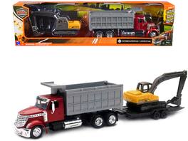 New Ray - International Lonestar Dump Truck and Tracked Excavator Yellow with Flatbed Trailer "Long Haul Truckers" Series 1/43 - Red
