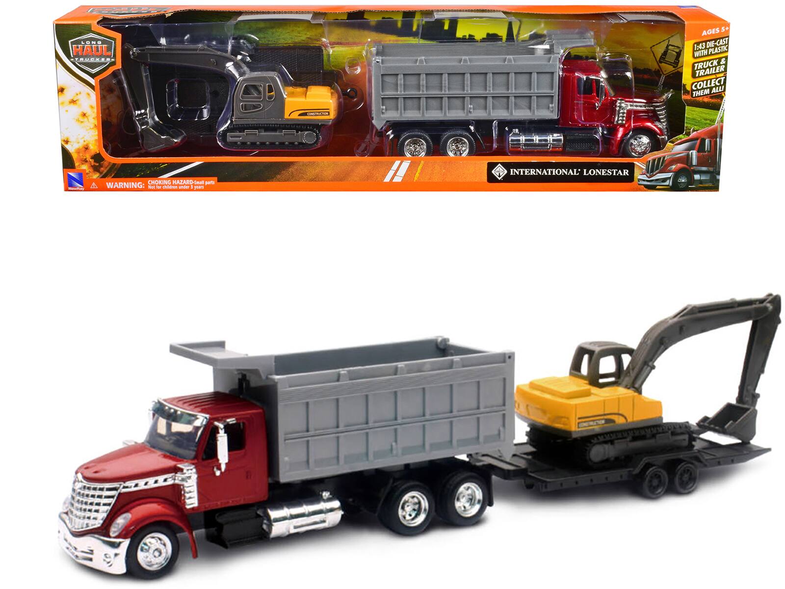 LONG HAUL TRUCKER  
AGES 5+  
1:43 DIE-CAST WITH PLASTIC TRUCK & TRAILER  
COLLECT THEM ALL!  

INTERNATIONAL LONESTAR  

WARNING: CHOKING HAZARD - small parts  
Not for children under 3 years