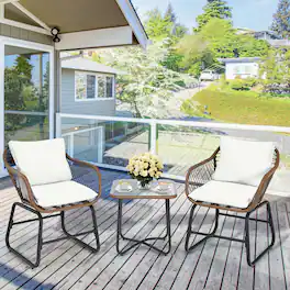 Costway - 3PCS Patio Rattan Bistro Set Cushioned Chair Glass Table Deck - White