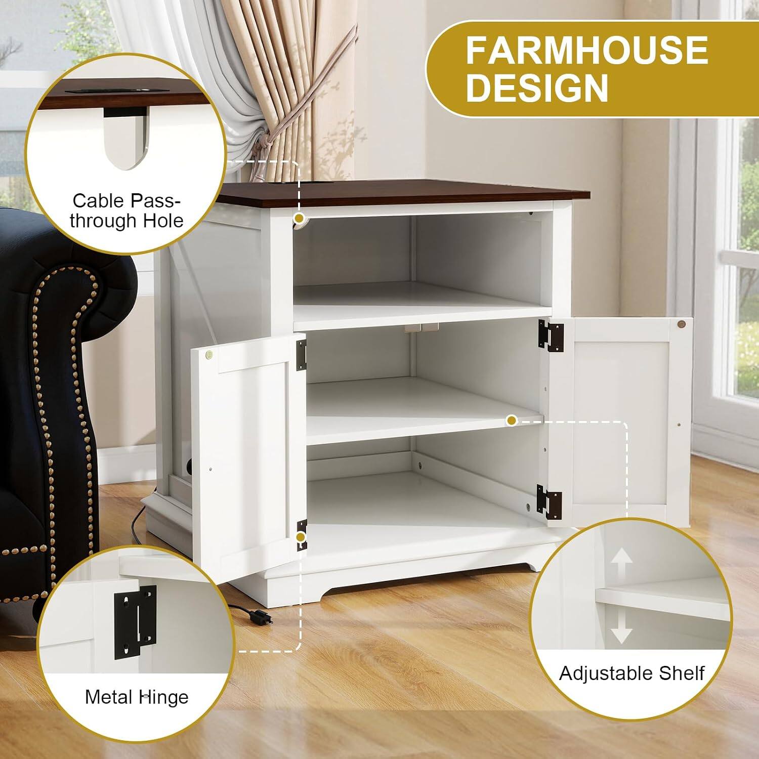 FARMHOUSE DESIGN

- Cable Pass-through Hole
- Metal Hinge
- Adjustable Shelf