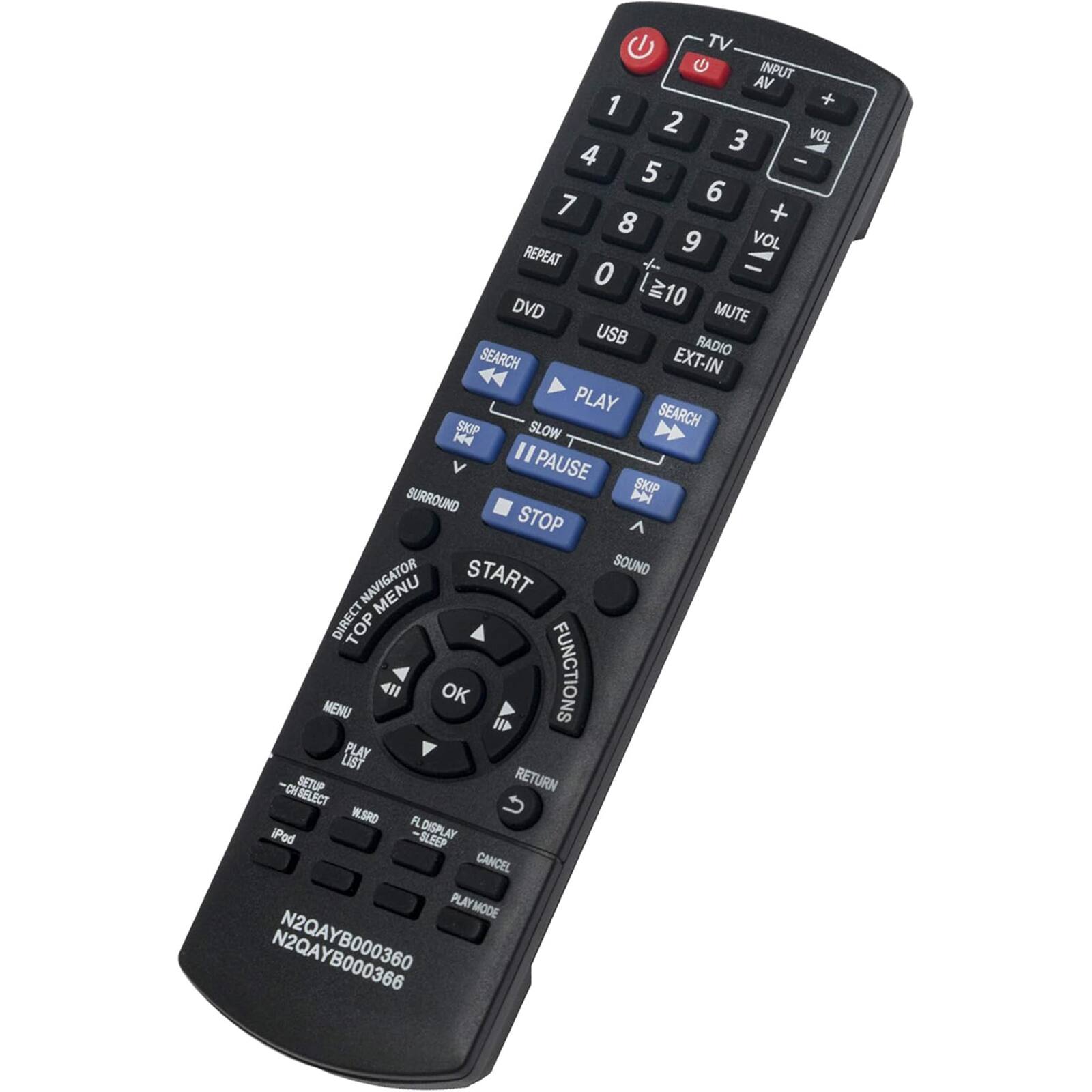 TV  
INPUT AV 1 + 2 3 JOV 4 - 5 6 7 + 8 9 VOL REPEAT 0 10 DVD MUTE USB RADIO SEARCH EXT-IN PLAY SEARCH SKIP SLOW H4 " PAUSE SKIP SURROUND STOP A START SOUND MENU DIRECT TOP MENU 411 OK FUNCTIONS PLAY LIST SETUP RETURN CHSELECT U W.SRO F iPod SLEEP DISPLAY CANCEL PLAY MODE N2QAYB000360