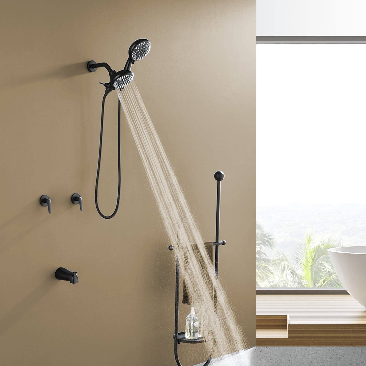 Alt View 3. Boyel Living - Matte Black Shower Set with Dual Handles 5 Function Dual ABS Shower Heads and Tub Spout - Matte Black.
