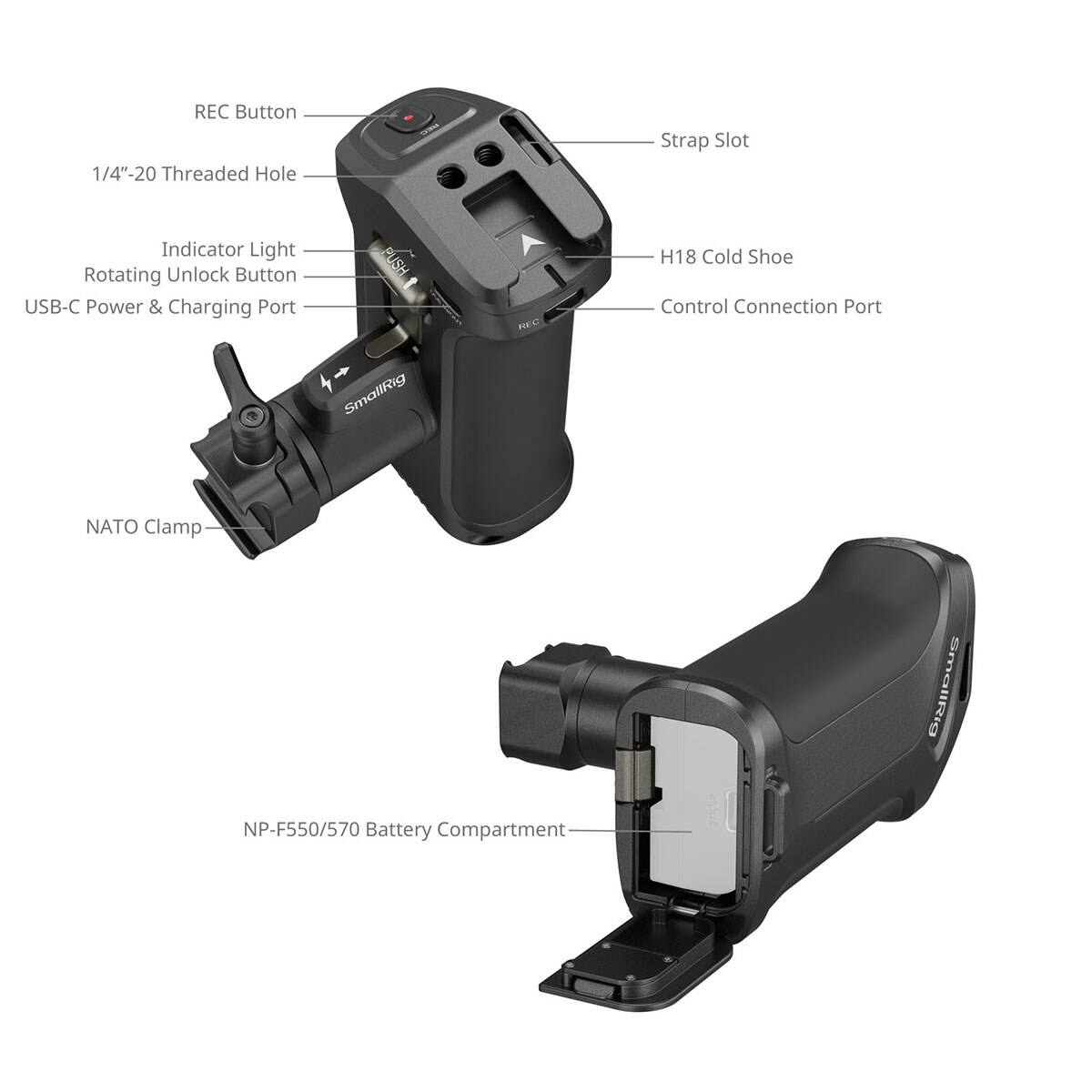 REC Button  
1/4"-20 Threaded Hole  
Strap Slot  
Indicator Light  
Rotating Unlock Button  
USB-C Power & Charging Port  
Asha REC H18 Cold Shoe  
Control Connection Port  
SmallRig NATO Clamp  
SmallRig NP-F550/570 Battery Compartment
