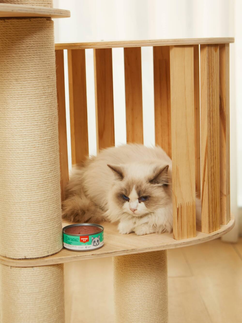 Left. JUJABU - 5-Tier Waterproof Freestanding Cat Tree, 102-118 in Adjustable Ceiling-to-Floor, Hemp Scratching Post.