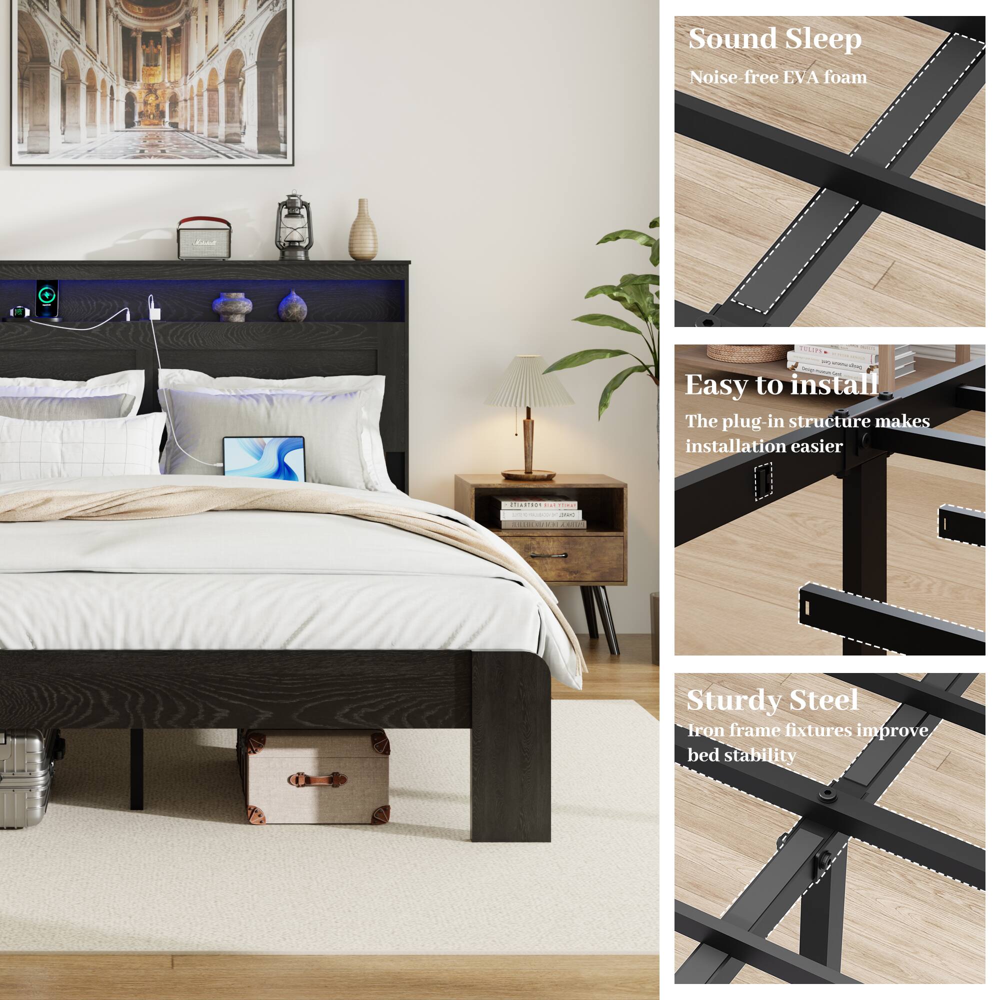 Sound Sleep  
Noise-free EVA foam  

Easy to install  
The plug-in structure makes installation easier  

Sturdy Steel  
Iron frame fixtures improve bed stability