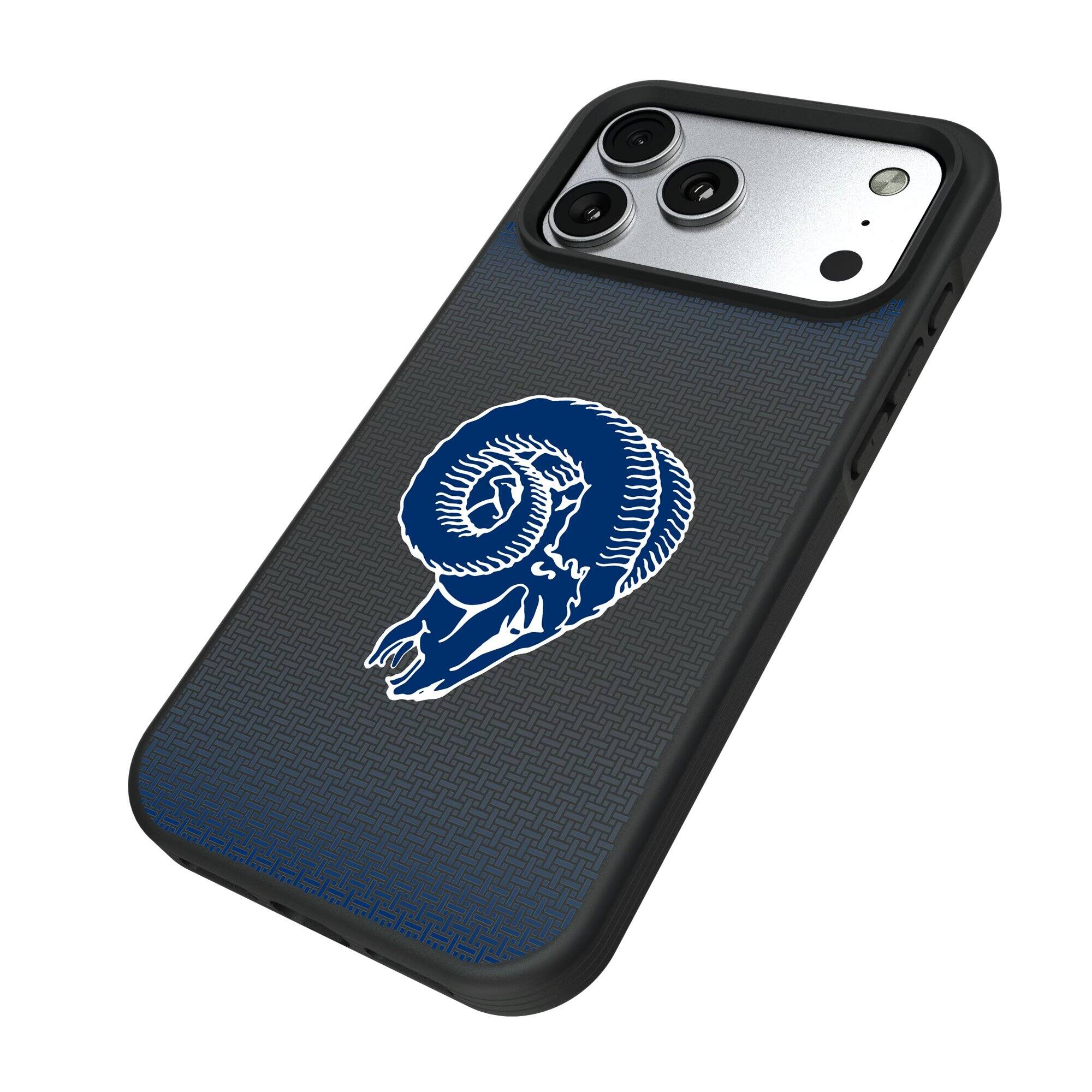 Alt View 1. Keyscaper - Los Angeles Rams Linen Logo iPhone Bump Case - 16 Plus - Black.