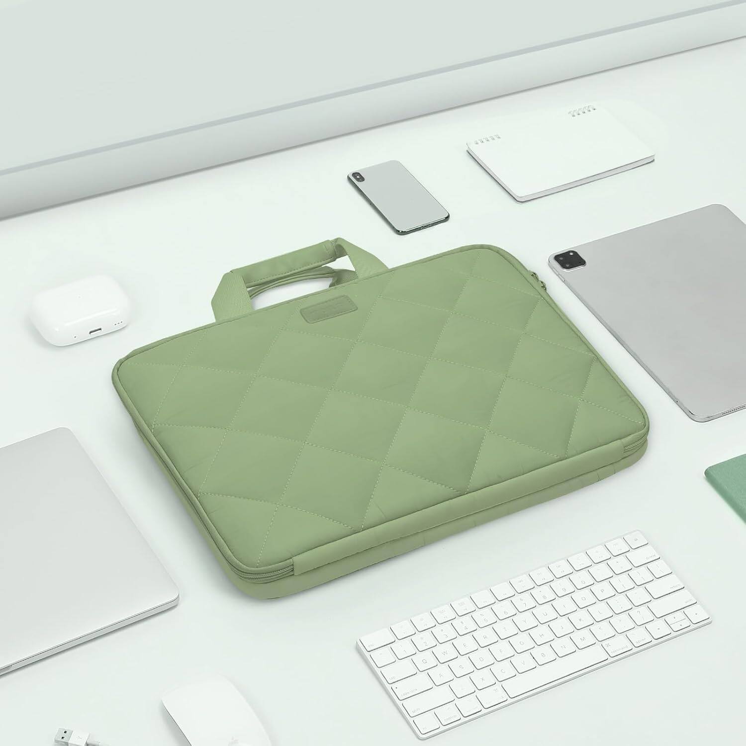 Left. mosiso - 360 Protective Laptop Shoulder Bag 13-13.3 inch, Double Layer Fluffy Padded Laptop Bag with Anti-theft Zipper - Antique Green.