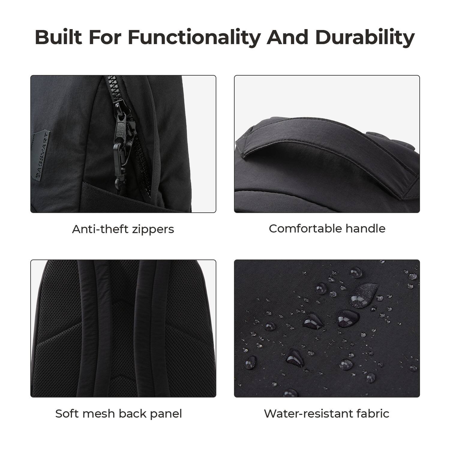 Built For Functionality And Durability

- Anti-theft zippers
- Comfortable handle
- Soft mesh back panel
- Water-resistant fabric