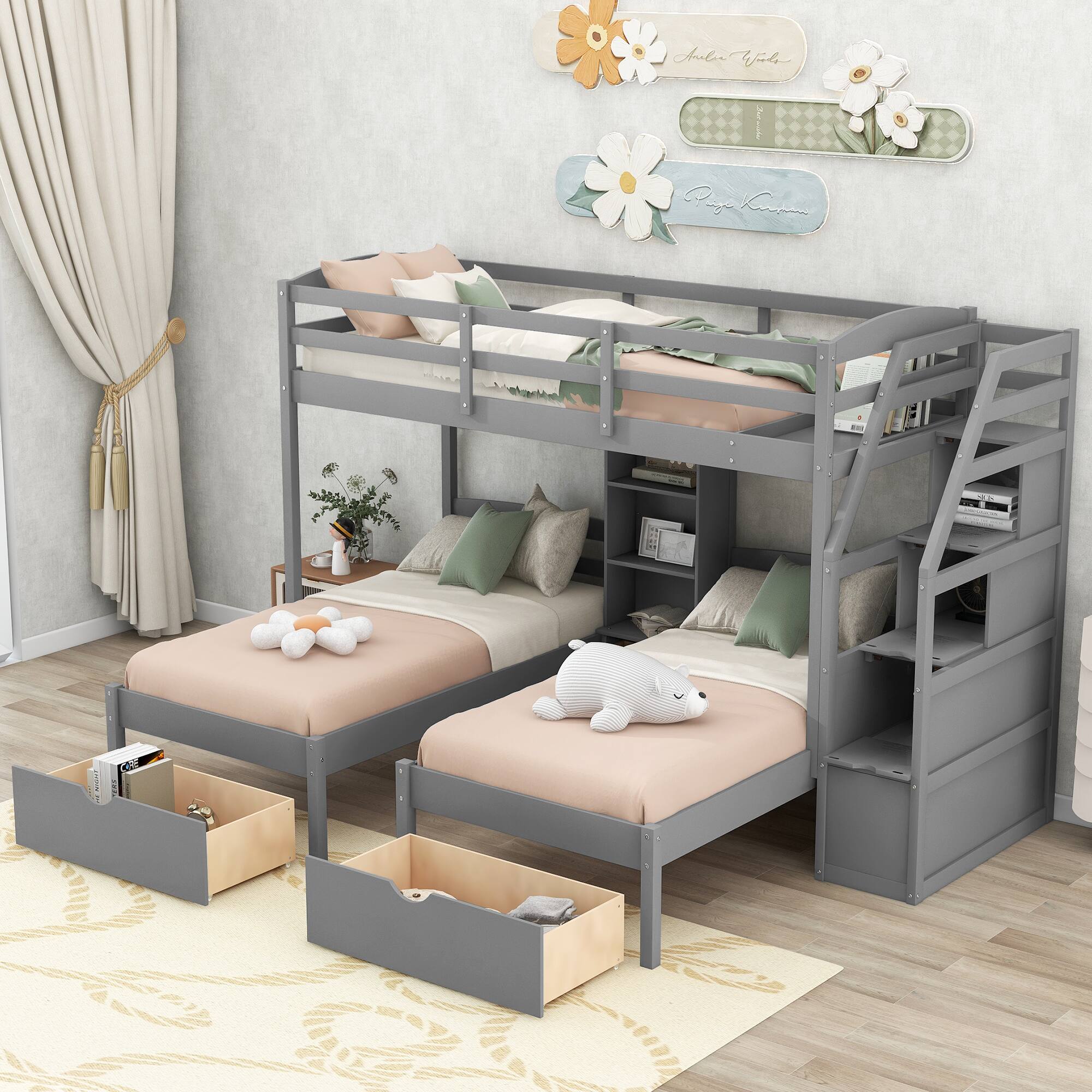 Tiramisubest - Triple Bunk Bed with Storage, Gray Pine, Space-saving - Gray