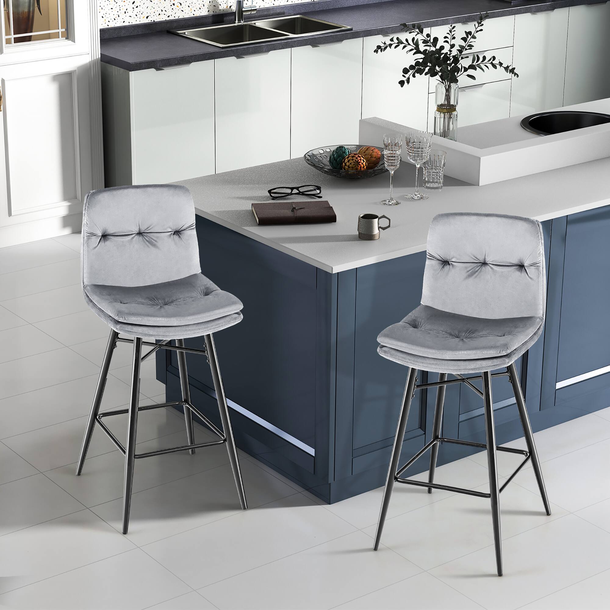 Alt View 1. Costway - Set of 2 Velvet Bar Stools Bar Height Kitchen Dining Chairs with Metal Legs - Grey.