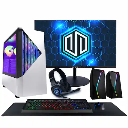 Front. Periphio - Castle Gaming PC Ryzen 5 5500 Radeon RX 6500 XT 16GB RAM 1TB SSD WiFi Windows 11 RGB Bundle 24" Monitor - White.