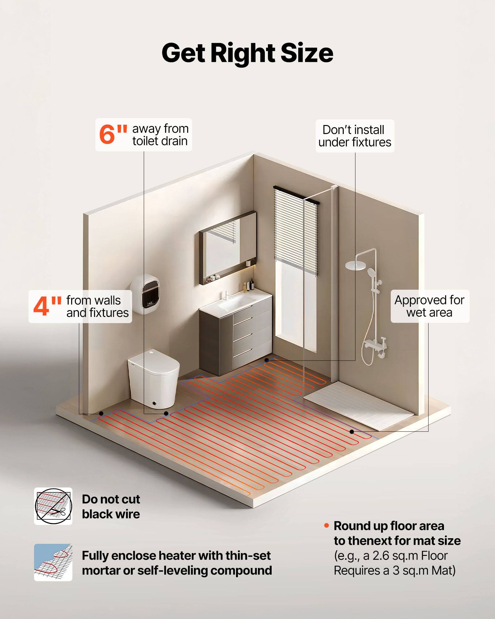 Get Right Size

- 6" away from toilet drain
- 4" from walls and fixtures
- Don't install under fixtures
- Approved for wet area
- Do not cut black wire
- Fully enclose heater with thin-set mortar or self-leveling compound
- Round up floor area to the next for mat size (e.g., a 2.6 sq.m Floor Requires a 3 sq.m Mat)